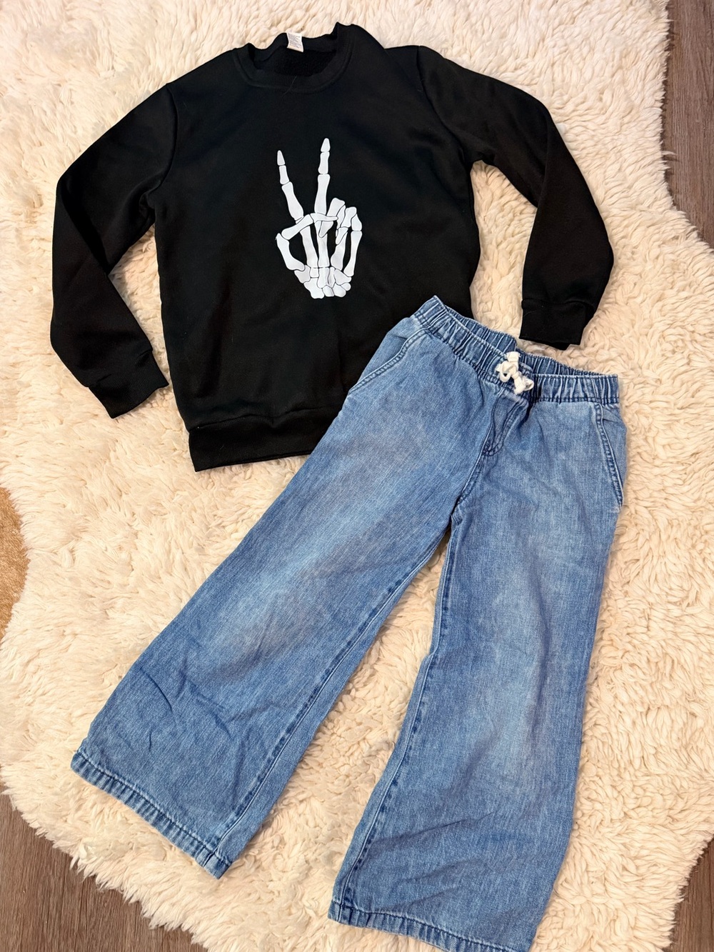 Black Skeleton Peace Sign Sweatshirt and denim